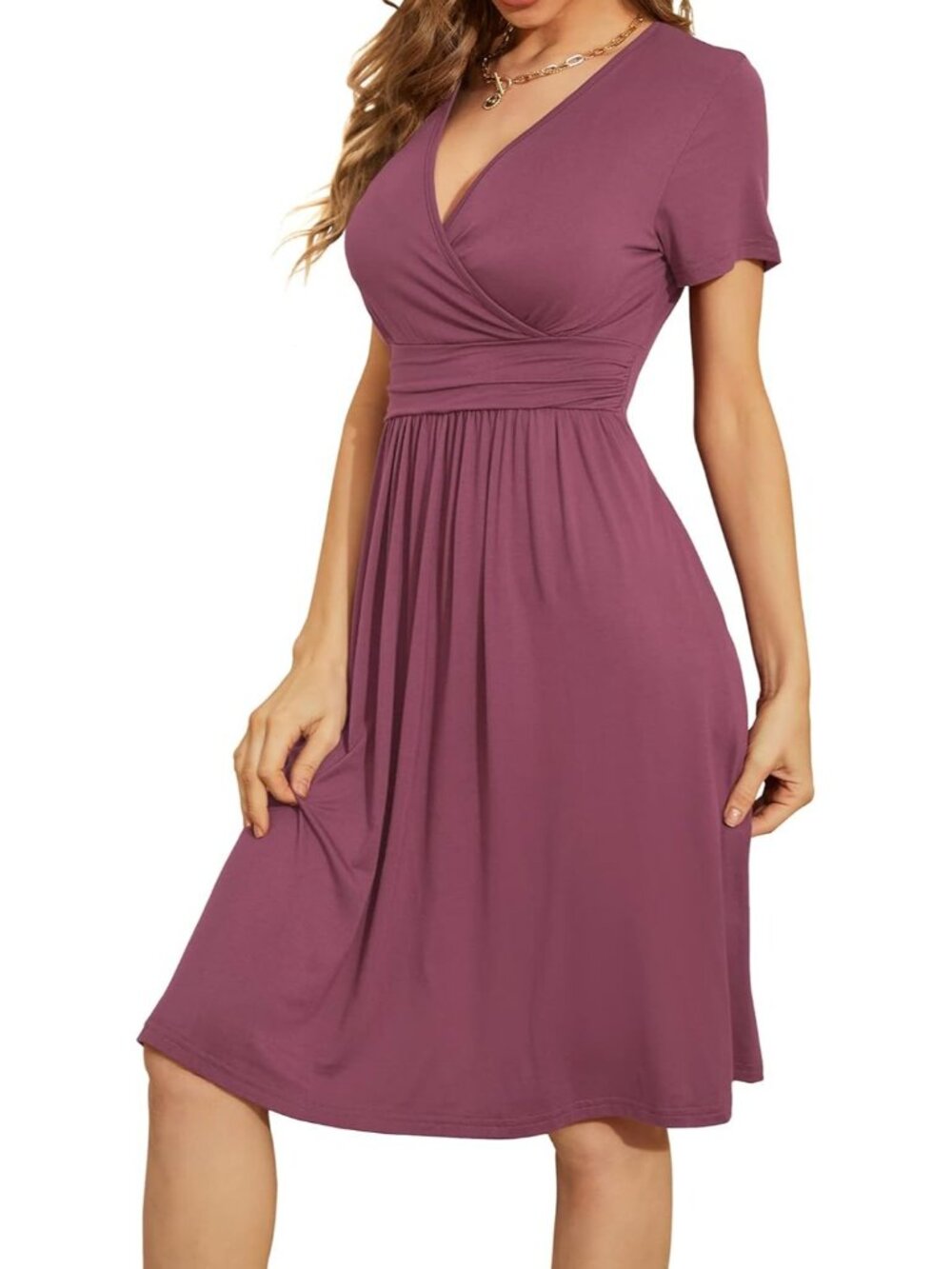 Women's Purple Summer Short Sleeve Casual V-Neck Floral Party Dress with Pocket - Picture 2 of 6